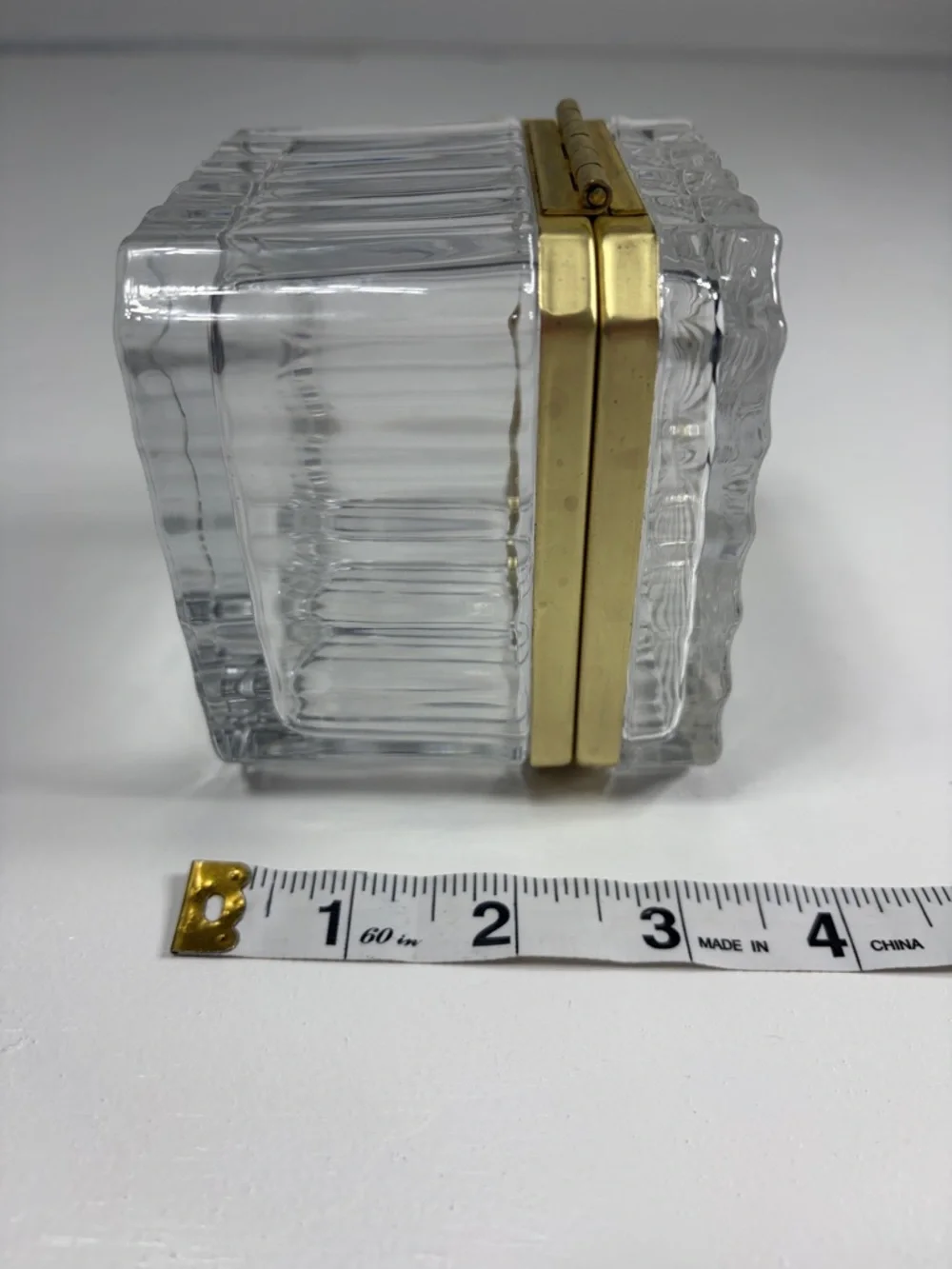 Vintage crystal jewelry casket with brass hinge 3 1/2 in. Square trinket box